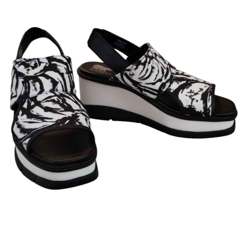 Sorel Black and White Patterned Wedge Sandals Size 8.5